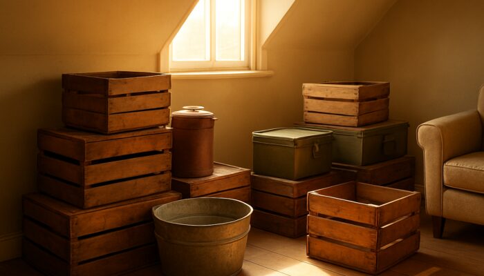 Sunlit UK attic with stacked vintage second-hand crates highlighting sustainable reuse and circular economy.