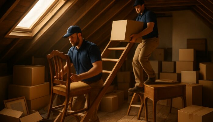 Professional movers clearing cluttered Bromley loft, hauling boxes and furniture down ladder.