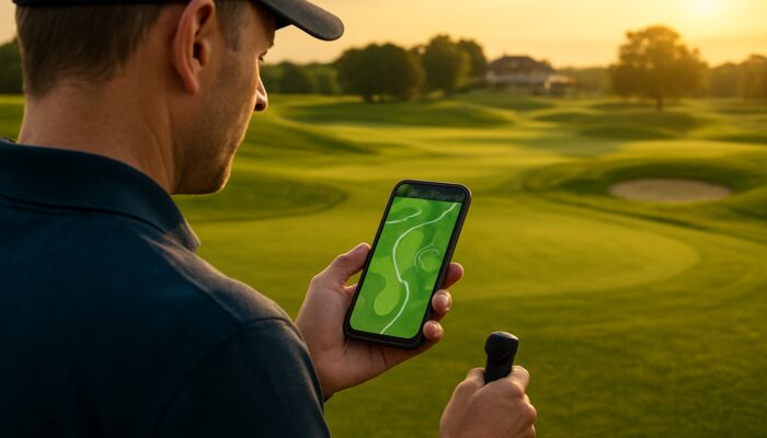 Golfer checking smartphone app for course maps and shot planning on sunny fairway