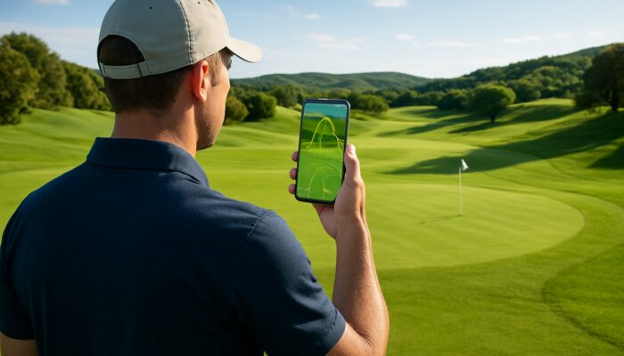 Golfer using AR smartphone app for shot planning and course insights on sunny fairway