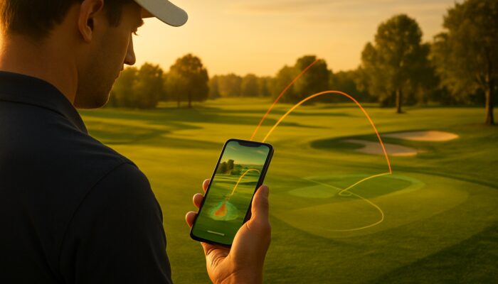 Golfer using AR smartphone app to view shot trajectories and elevation on lush fairway at sunset