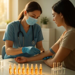 Nurse drawing blood for vitamin deficiency test in sunlit Maidstone clinic with lab equipment.