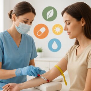 Nurse drawing blood for vitamin deficiency test in bright Maidstone clinic with supplement icons