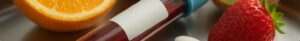Blood vial for vitamin deficiency testing with fruits and pills on Maidstone clinic tray