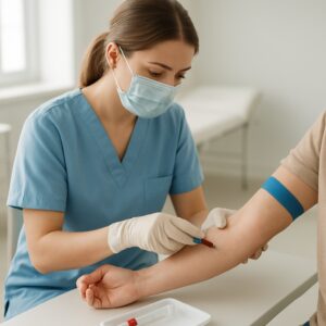 Nurse drawing blood for vitamin deficiency test in bright Maidstone clinic