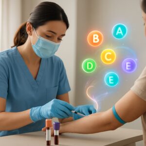 Nurse drawing blood for vitamin deficiency test in cozy Maidstone clinic with glowing vitamin icons