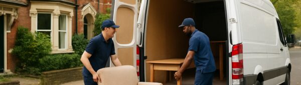 Experts loading furniture from Victorian house into van on leafy Ealing street.