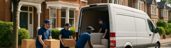 Professional team loading furniture into van during property clearance in leafy Ealing, London Victorian street.