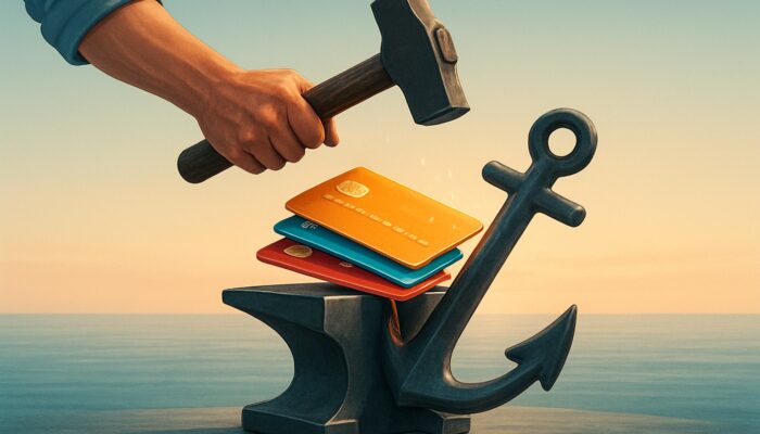 Person forging multiple credit cards into a sturdy anchor on calm financial horizon for debt consolidation.