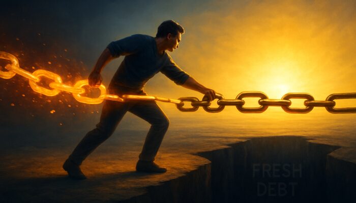 Determined figure merges glowing debt fragments into balanced chain, avoiding fresh debt abyss toward bright horizon.