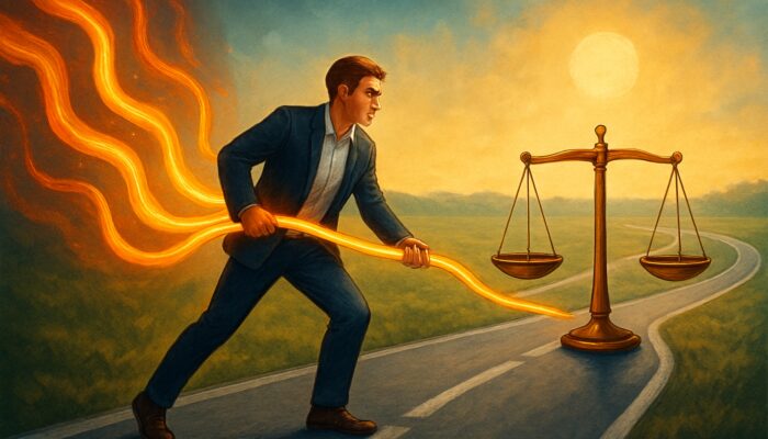 Vibrant illustration of merging glowing debt streams into one path to financial freedom with balanced scales.
