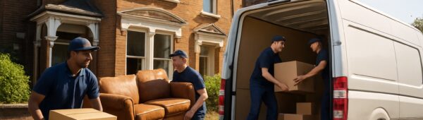 Professional team efficiently loads furniture from cluttered Victorian house into van in Croydon