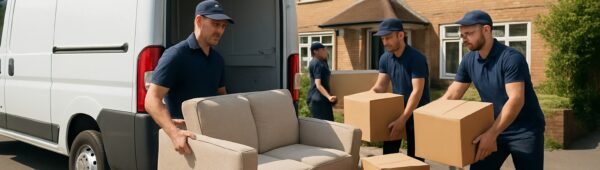 Professional crew loading furniture into van for quick Croydon property clearance under bright daylight.