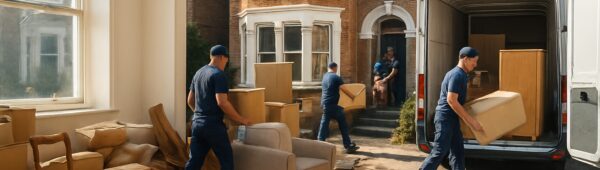 Professional movers clearing cluttered Victorian house in Croydon, loading furniture into vans in sunlight.
