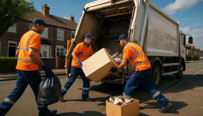 Rubbish removal team in St Neots loading household waste into truck on sunny street