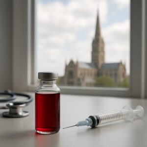 B12 blood test vial and syringe on desk with Salisbury Cathedral visible through window