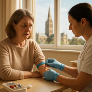 Salisbury resident receiving B12 blood test in sunlit clinic with cathedral spire view