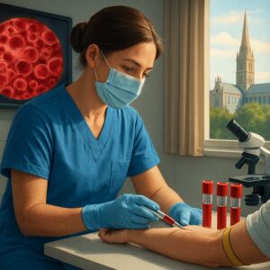 Nurse drawing blood for B12 test in Salisbury clinic with red vials and cathedral spire.
