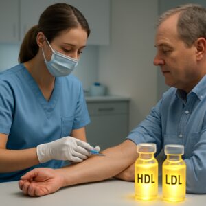 Nurse drawing blood for cholesterol test with HDL and LDL vials in Basingstoke clinic
