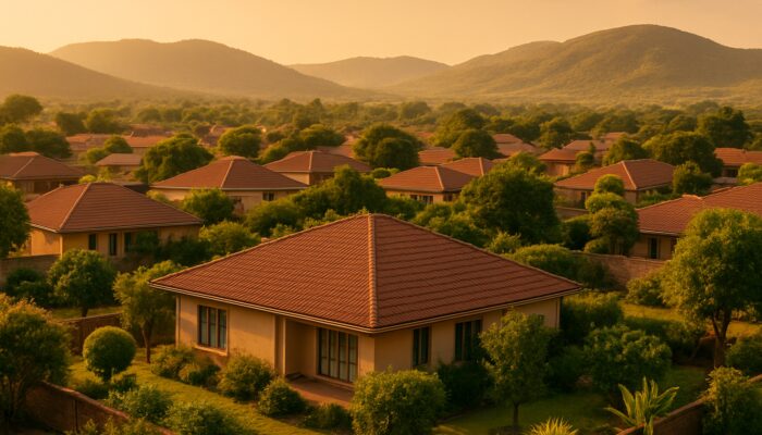 Spacious mid-level family homes with tiled roofs and gardens in Thohoyandou amid Limpopo hills.