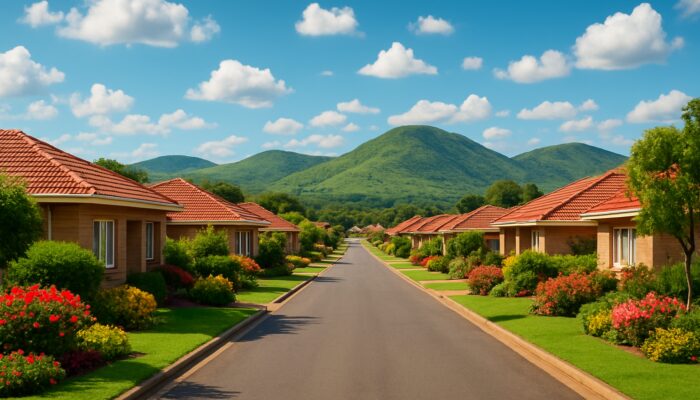 Vibrant Thohoyandou suburban street lined with neat mid-level family homes, colorful gardens and green hills.