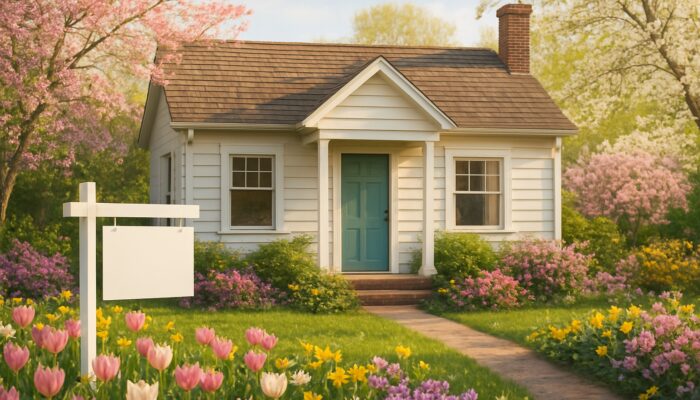 Charming entry-level cottage for sale in Springs amid blooming spring flowers and trees