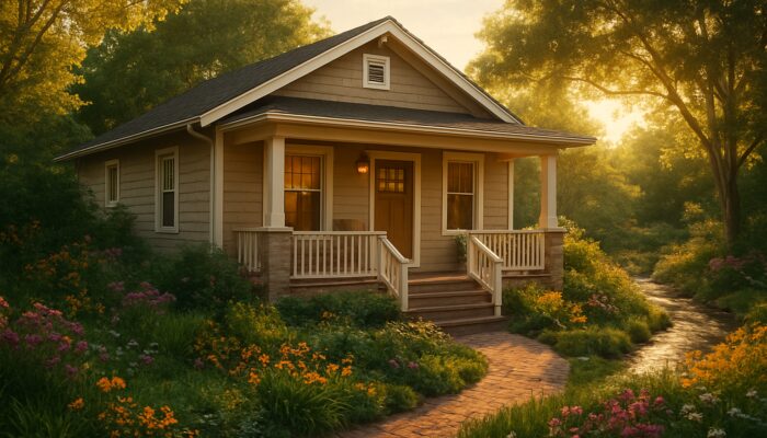 Cozy entry-level bungalow in Springs with porch amid lush gardens at golden hour.