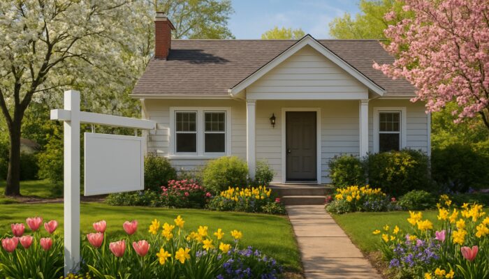 Charming affordable starter home with for sale sign amid spring flowers in suburb