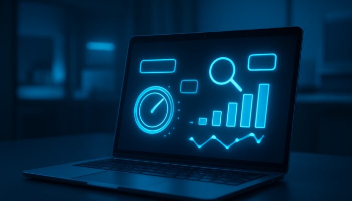 Laptop displaying on-page SEO audit with glowing metrics, keywords, and meta tags in neon workspace.