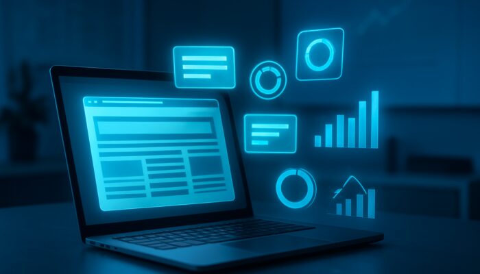Laptop displaying on-page SEO audit with glowing keywords, meta tags, and optimization charts.