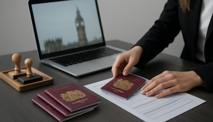 Professional arranging UK passports, forms, and stamps on desk beside laptop showing gov.uk