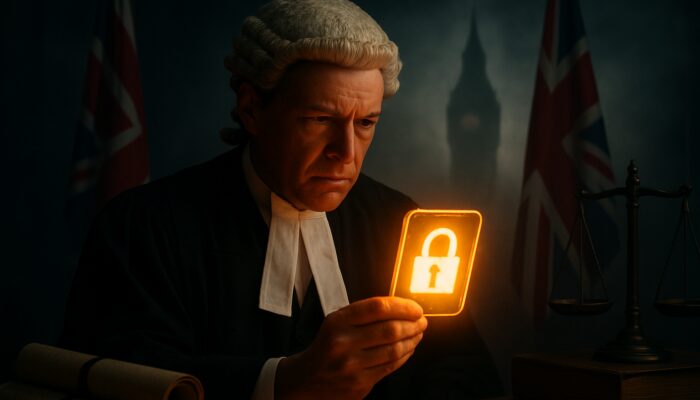 British barrister examines glowing UK security clearance badge in misty courtroom with Big Ben and scales of justice