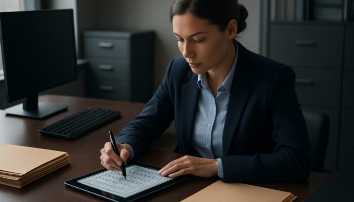 Professional updating digital security clearance logs on modern office desk