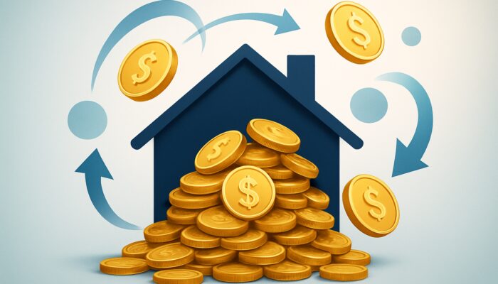 House silhouette overflowing with gold coins amid floating terms like principal and amortization for home loans