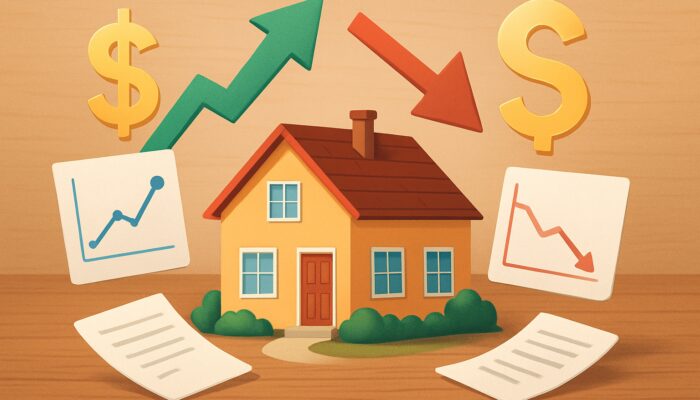 Suburban house with floating interest rate charts, dollar signs, and mortgage documents on desk