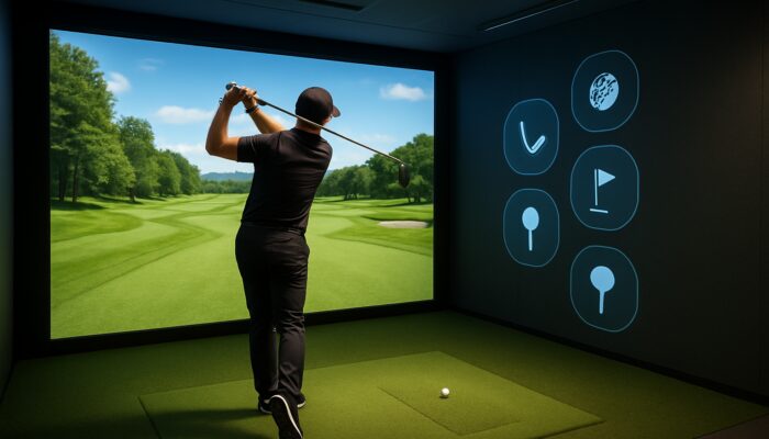 Golfer swings in high-tech simulator bay at virtual fairway with software icons