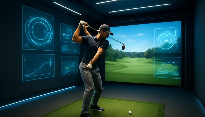 Golfer mid-swing in high-tech simulator with holographic golf simulator software interfaces