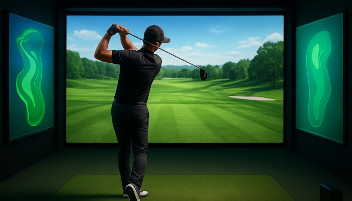 Golfer swings confidently in high-tech simulator amid glowing golf software interfaces and virtual fairways.