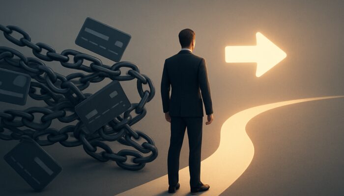 Professional choosing glowing loan path over tangled credit card chains at financial crossroads