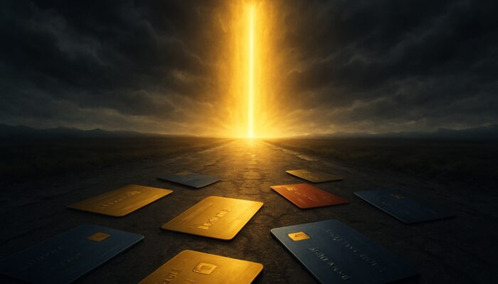 Golden loan beam illuminating credit cards on stormy financial path to bright horizon.