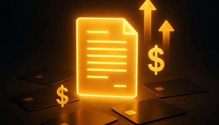Glowing loan document over scattered credit cards with golden light, arrows, and money symbols for smart finance.