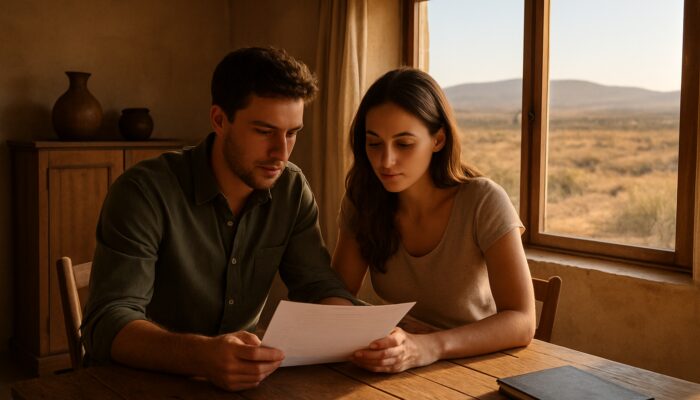 Young couple reviewing home loan papers in sunlit Beaufort West Karoo farmhouse