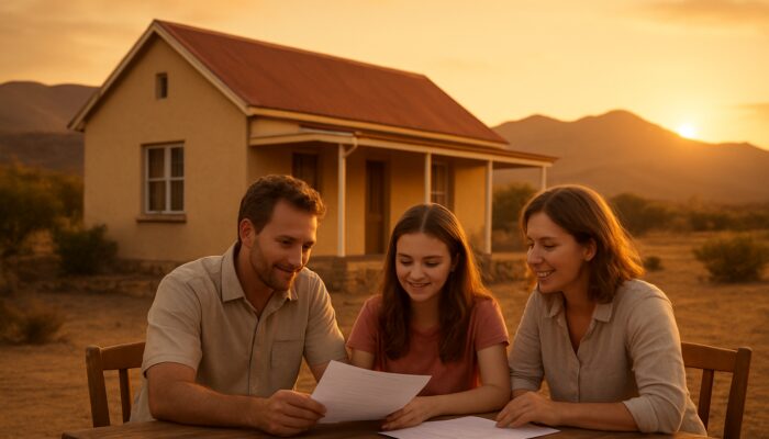 Family reviewing home loan documents outside Karoo-style home in Beaufort West at sunset.