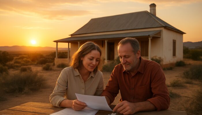Couple reviewing home loan documents and keys at sunset outside Beaufort West Karoo home