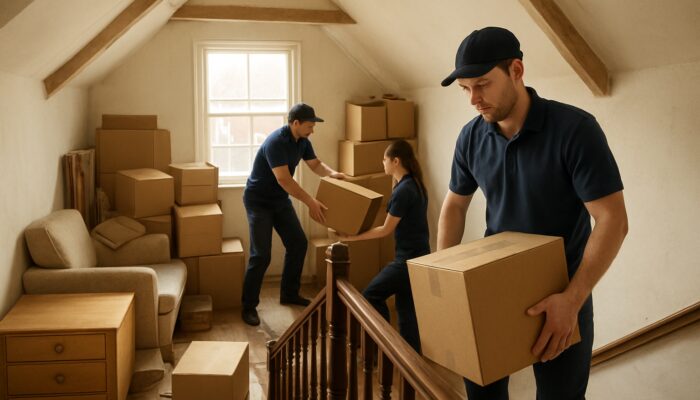 Efficient team clearing cluttered loft in Wandsworth Victorian home, hauling boxes and furniture down stairs.