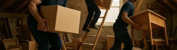 Professional movers clearing cluttered loft in Victorian Wandsworth home, hauling boxes down ladders in daylight.