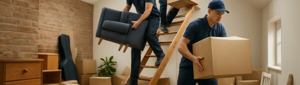 Professional movers clearing cluttered loft in Wandsworth Victorian home, hauling boxes and furniture down ladders.