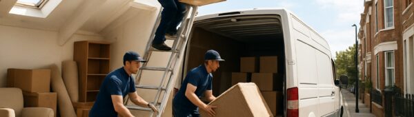 Professional movers efficiently clearing a cluttered Wandsworth loft into a van on sunny London street.