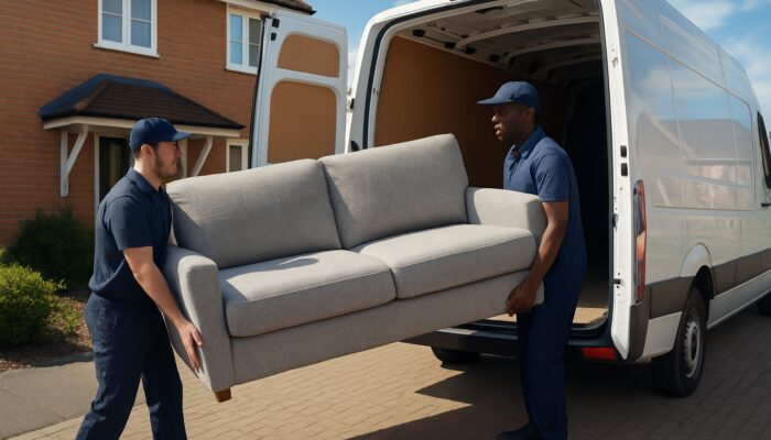 Professional movers loading sofa into van for furniture removal in Barnet, London