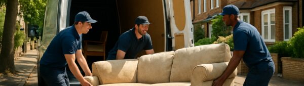 Professional movers loading sofa and chairs into van on leafy Barnet street for furniture removal.